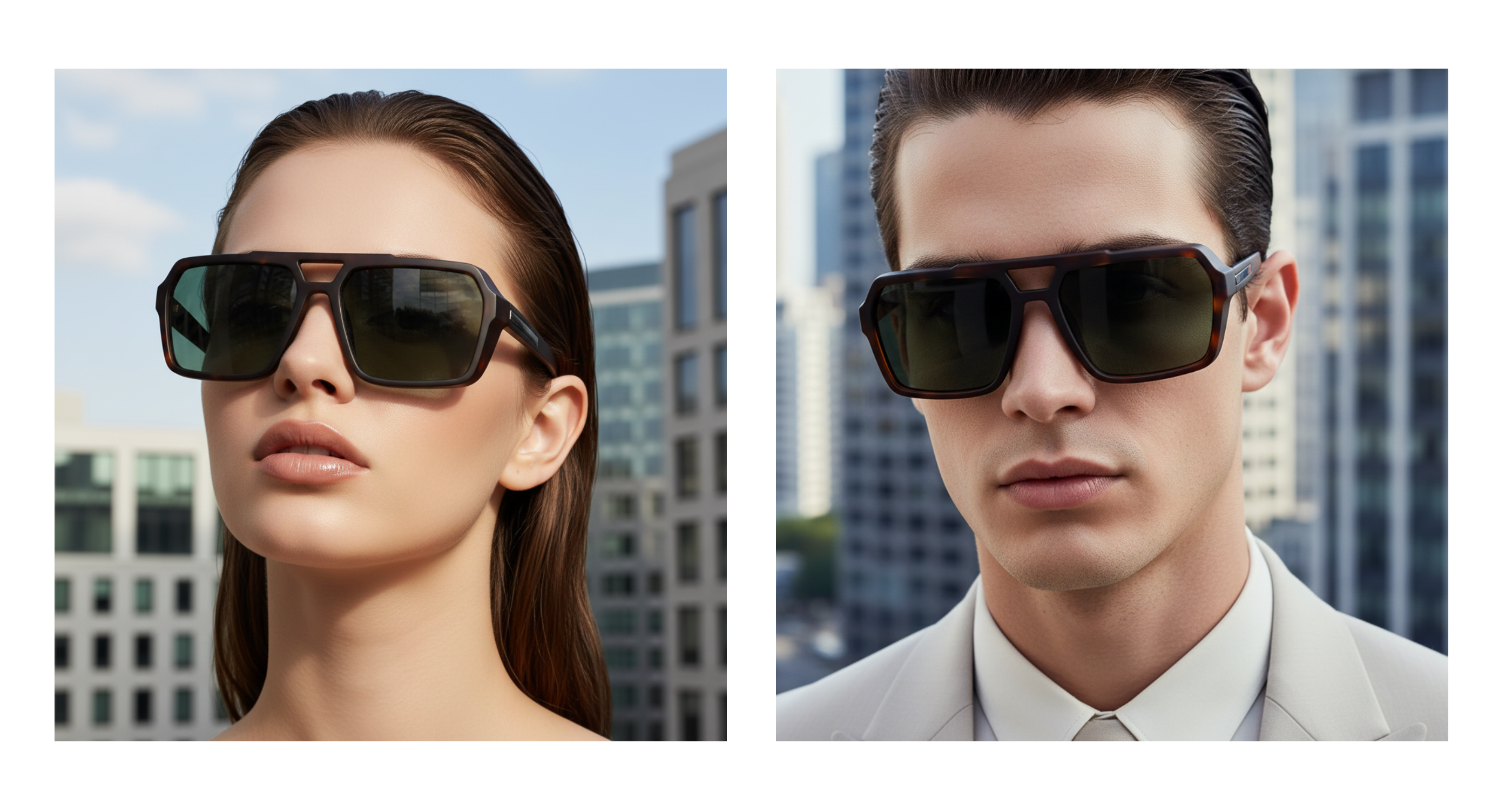 Eighties - Two models wearing oversized dark UV 400 polarised sunglasses with thick black frames, shown side by side against a blurred cityscape background - Missandtrendy
