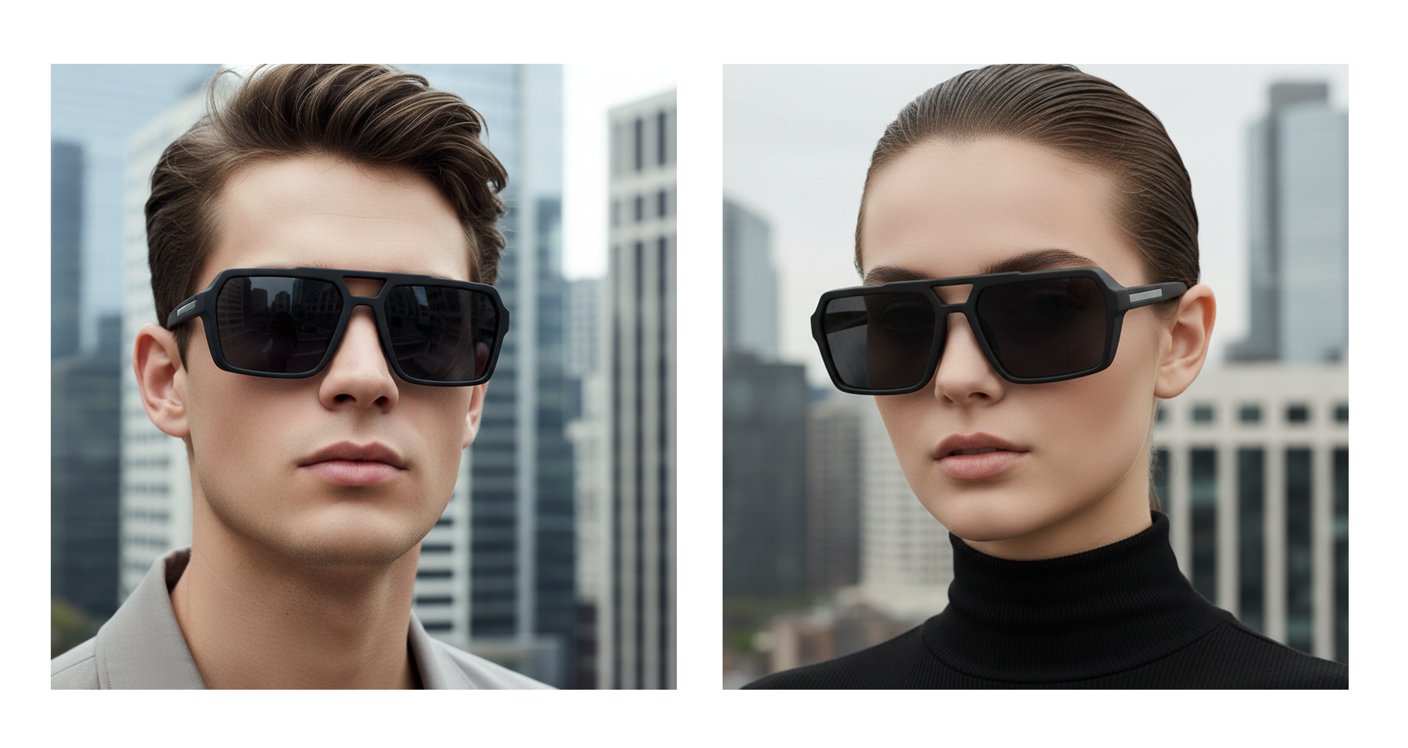 Eighties - Two models wearing black rectangular UV 400 polarised aviator-style  sunglasses with thick frames, shown side by side against a blurred cityscape background - Missandtrendy