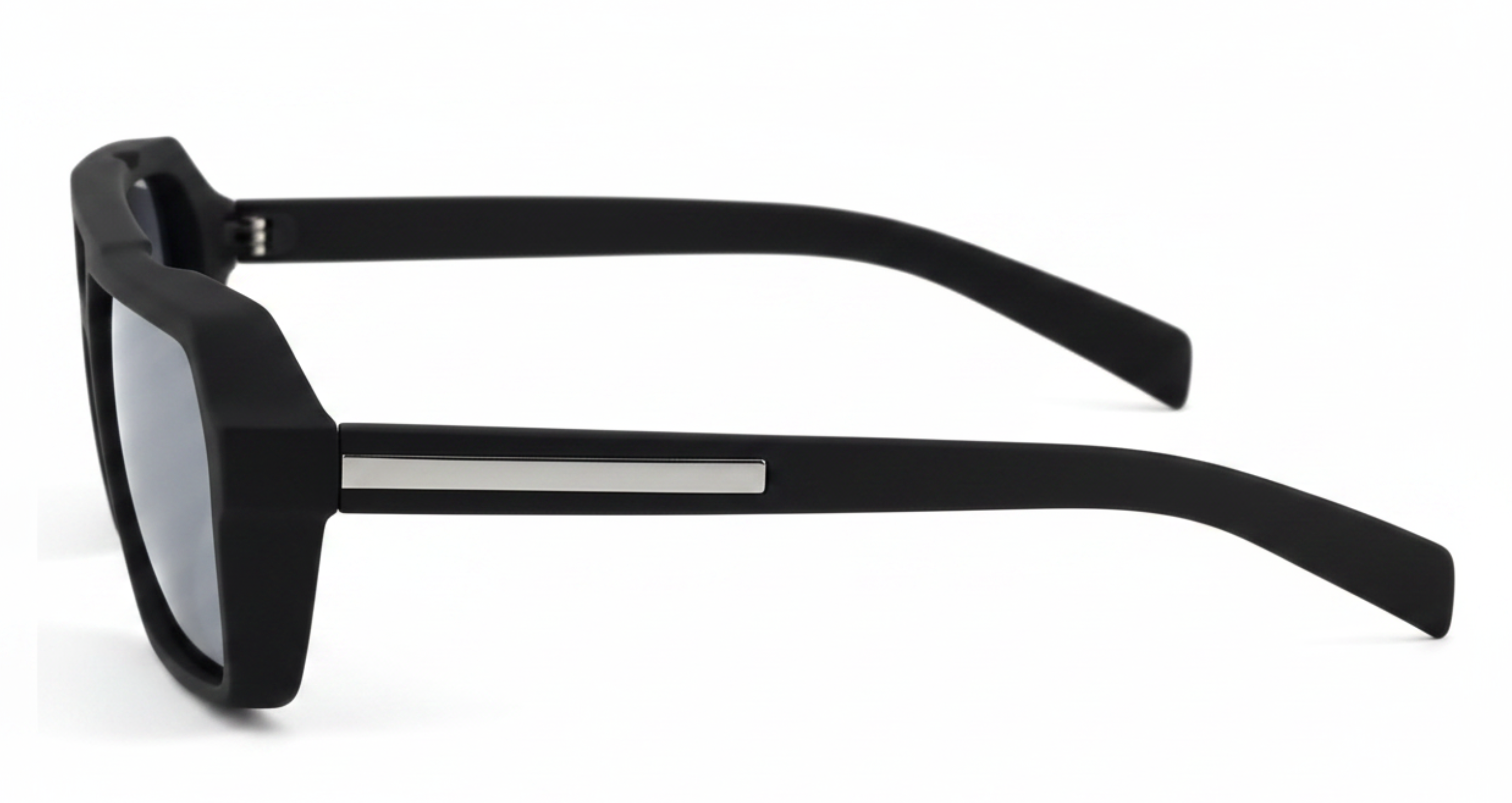 Eighties - Black square sunglasses with a thick matte frame and a silver metallic accent bar on the temple arm, shown against a plain white background - Missandtrendy
