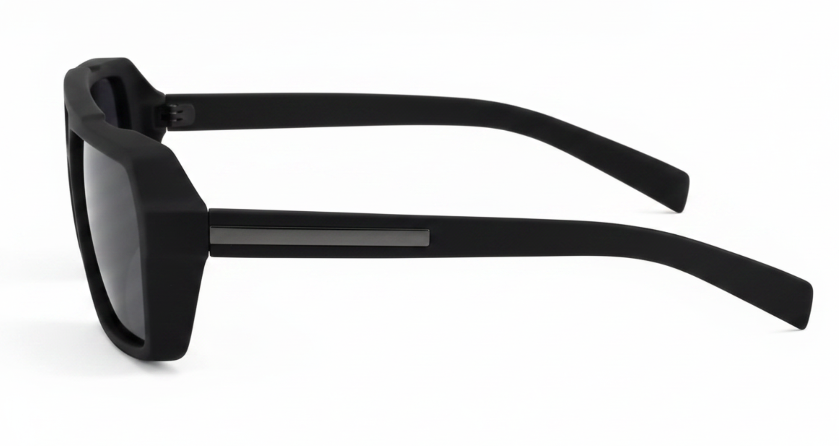 Black square sunglasses with a matte frame and dark lenses, shown from a side profile view on a white background by Missandtrendy.