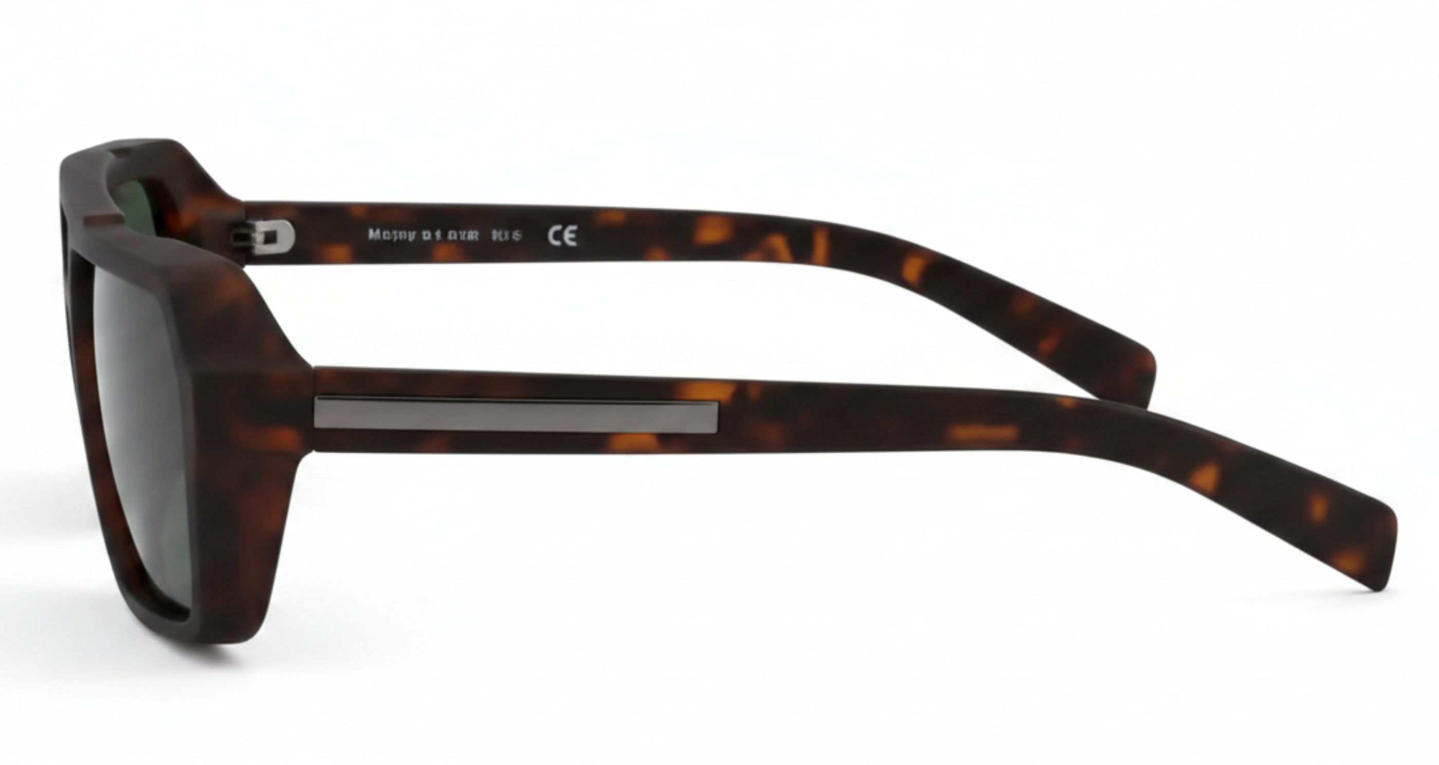 A pair of square-frame sunglasses with a dark brown and amber tortoiseshell polycarbonate frame and dark lenses, shown from a side profile on a white background by Missandtrendy