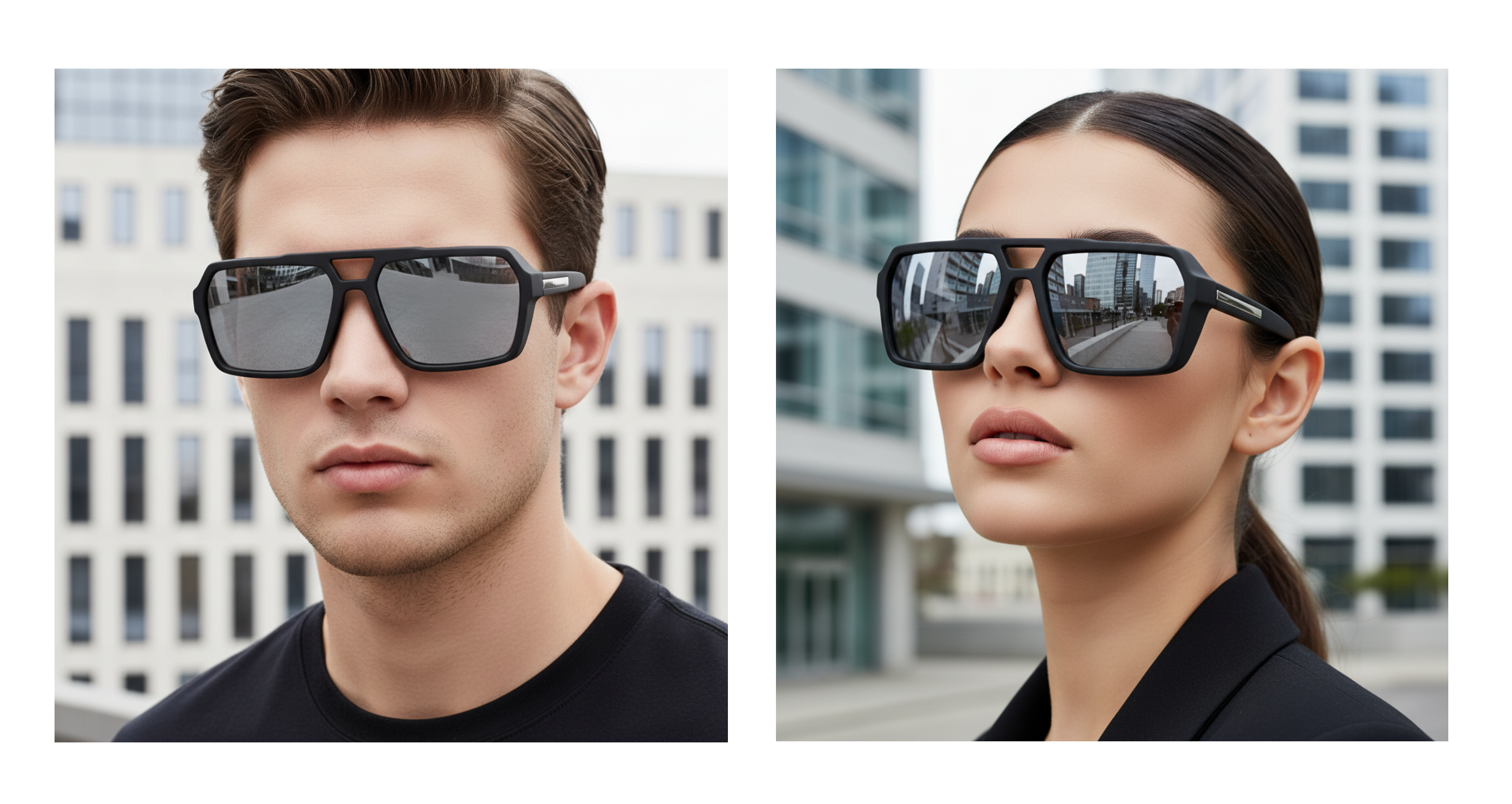 EIghties - A split-screen lifestyle image showing a man and a woman wearing oversized square UV 400 polarised sunglasses with thick black frames and dark lenses, set against blurred modern city buildings - Missandtrendy