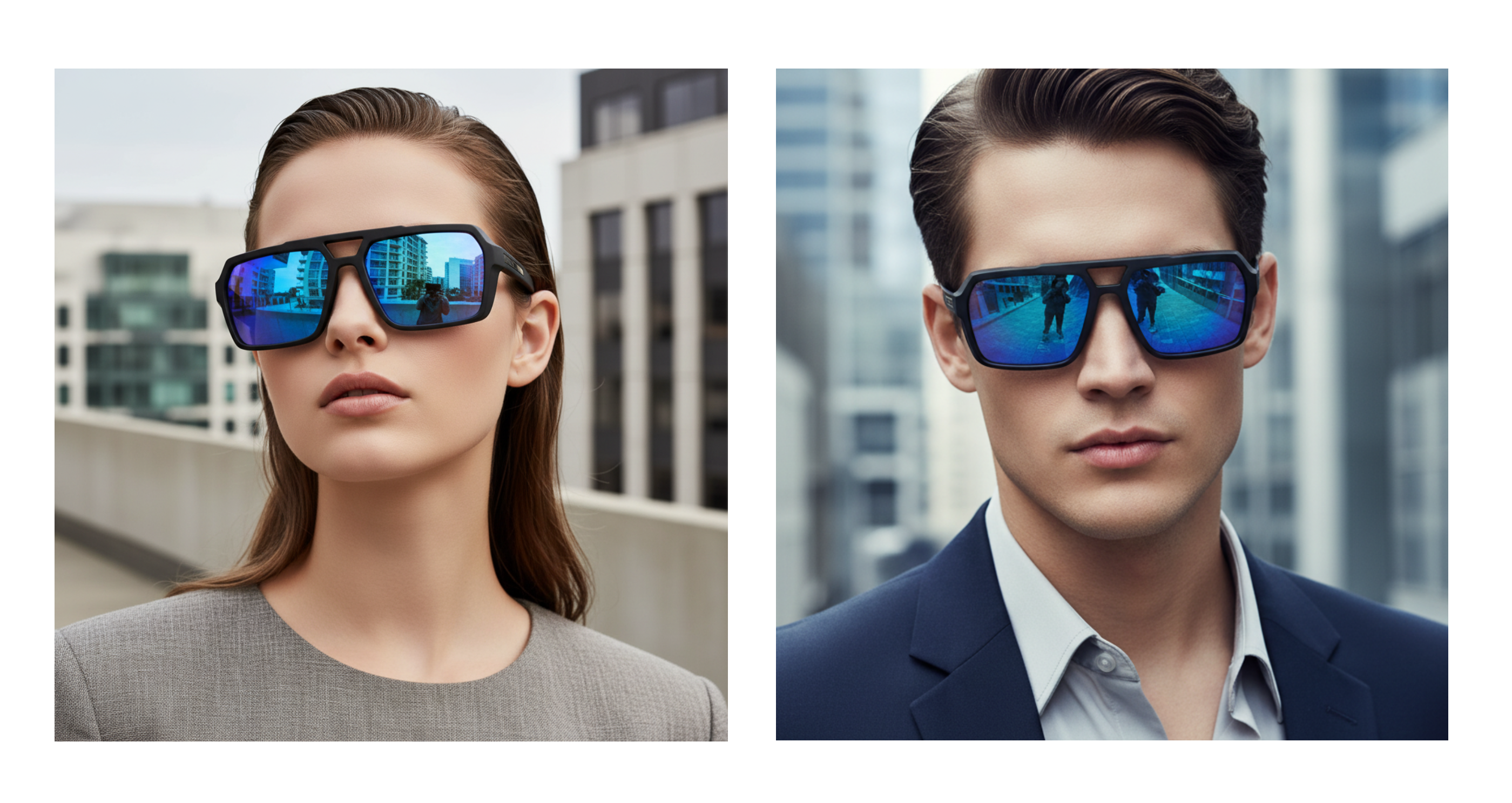 Eighties - Two models wearing oversized rectangular sunglasses with reflective blue lenses and dark frames, shown side by side against a blurred cityscape background - Missandtrendy