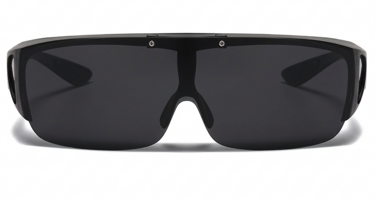 Black wrap-around shield sunglasses with dark tinted uv polarised lenses, shown from the front on a white background.