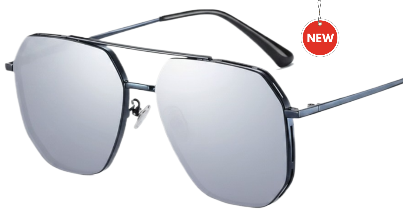 Missandtrendy future Aviator polarised UV400 sunglasses with silver frame and mirror silver lens 45º side and white background and hexagonal shape Cropped
