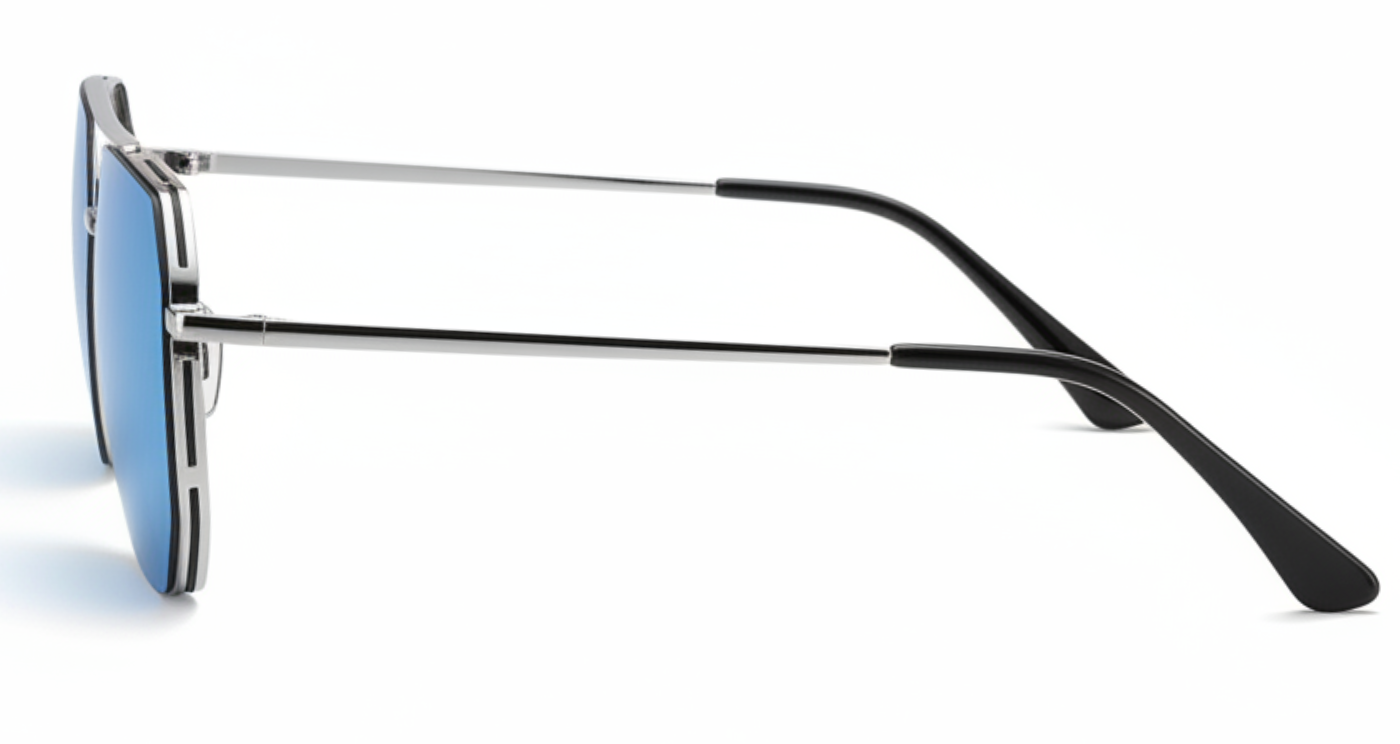 Missandtrendy future Aviator polarised UV400 sunglasses with silver frame and mirror blue lens 90º side and white background 