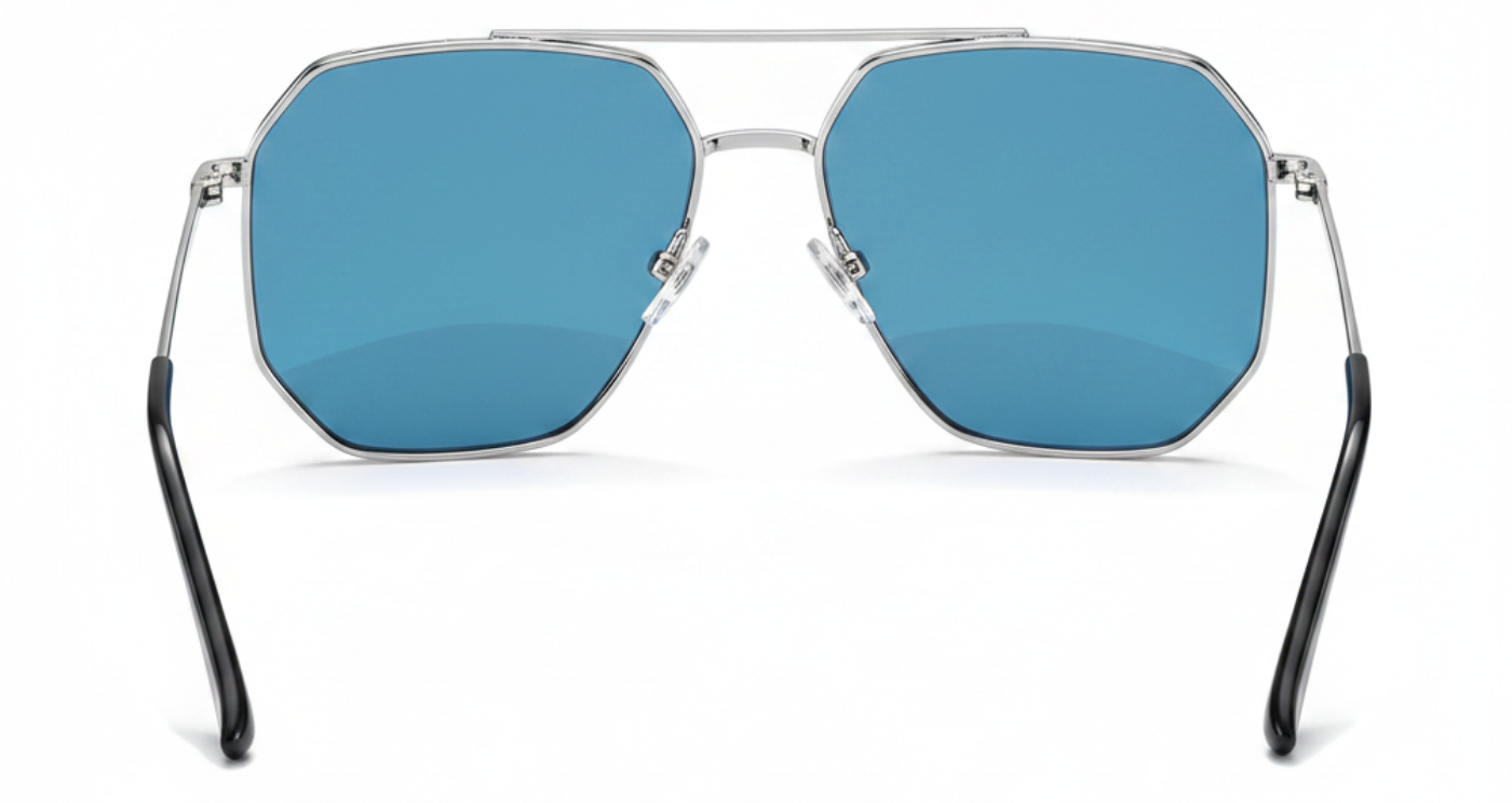 Missandtrendy future Aviator polarised UV400 sunglasses with silver frame and mirror blue lens 180º side and white background 