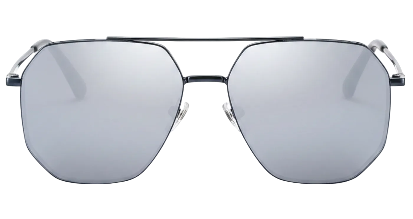 Missandtrendy future Aviator polarised UV400 sunglasses with silver frame and mirror silver lens 0º side and white background and hexagonal shape new