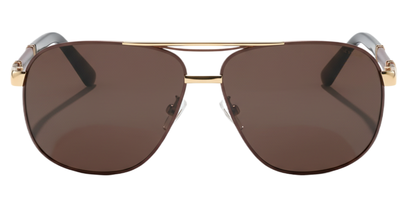 Gallant black gold brown frame and brown lens aviator uv polarised sunglasses front 0º side view