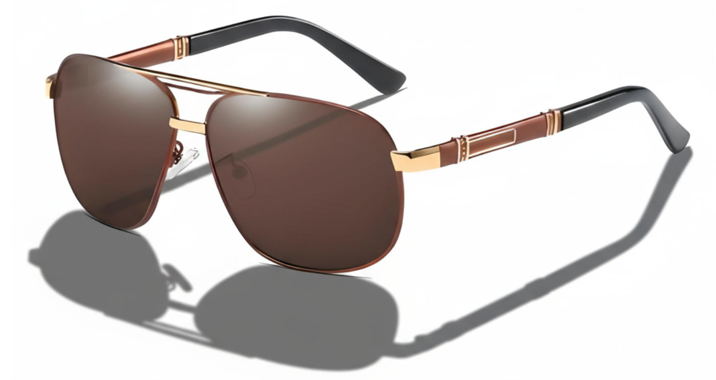 Gallant black gold brown frame and brown lens aviator uv polarised sunglasses front 45º side view