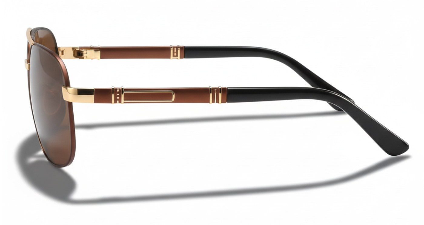 Gallant black gold brown frame and brown lens aviator uv polarised sunglasses front 90º side view