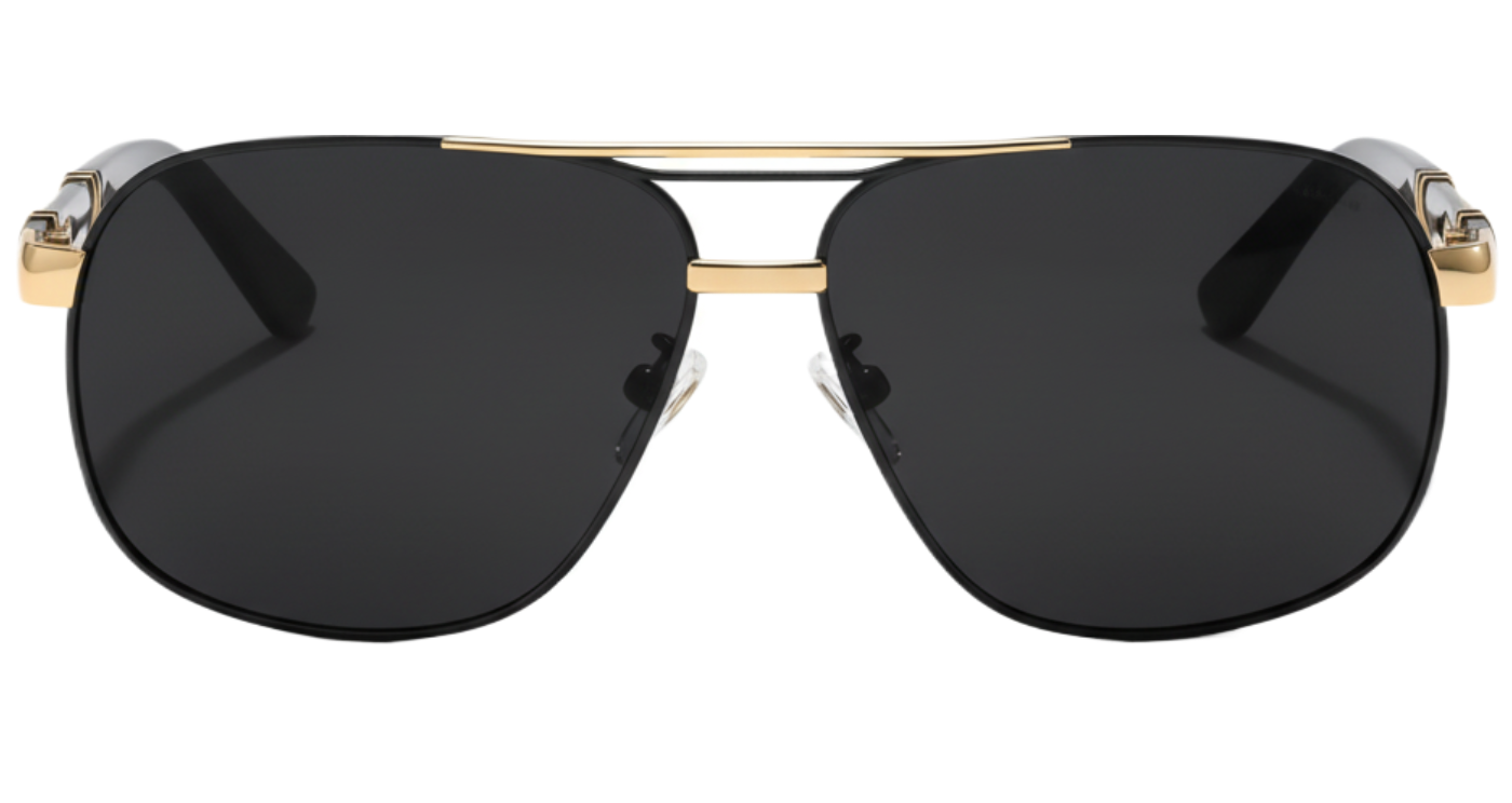 Gallant black gold frame and black lens aviator uv polarised sunglasses front 0º side view_01