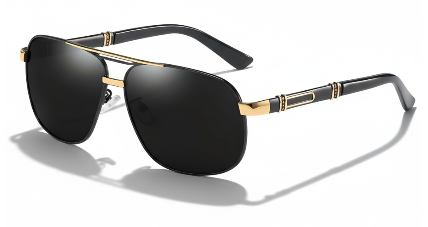Gallant black gold frame and black lens aviator uv polarised sunglasses front 45º side view