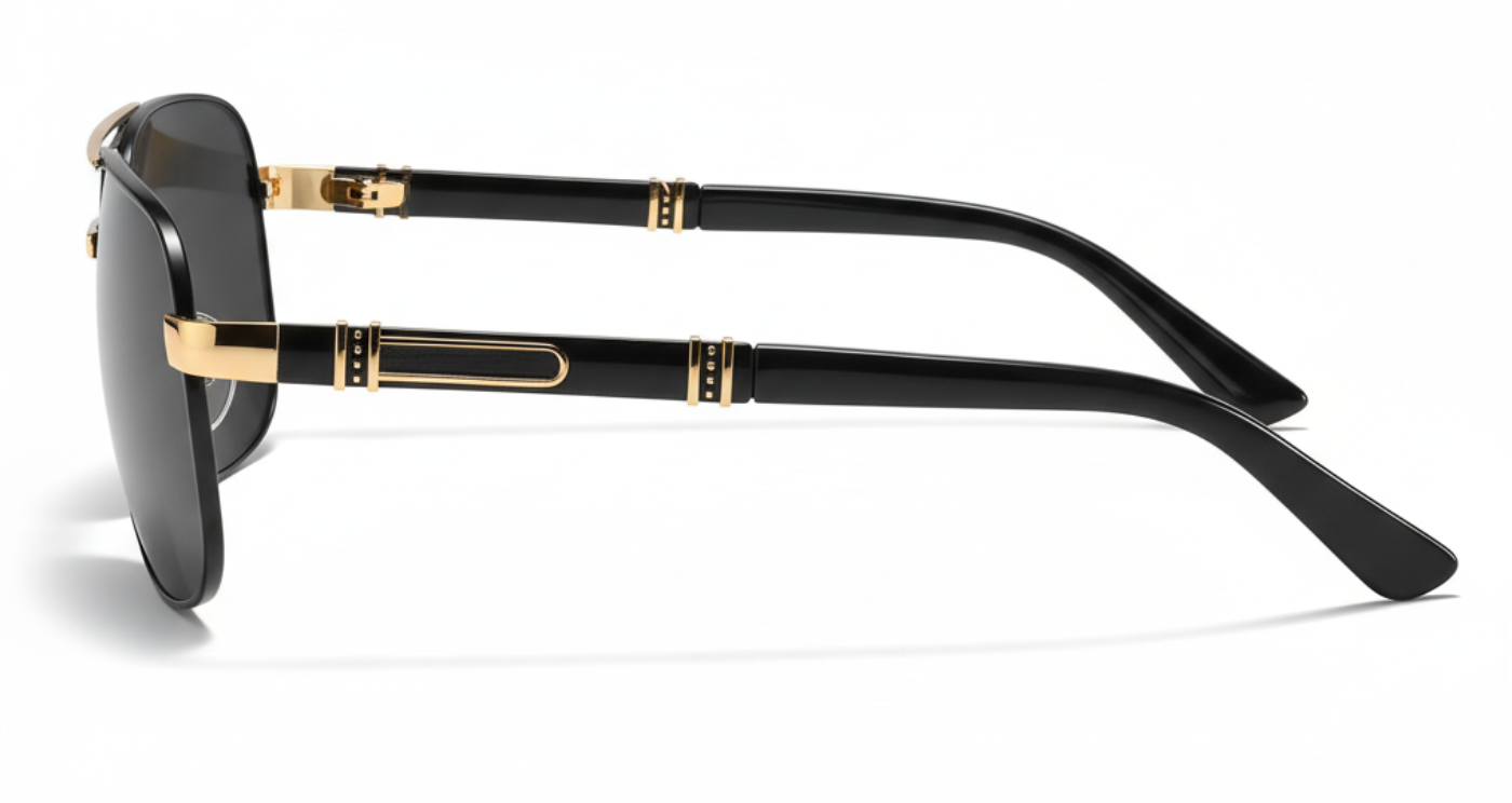 Gallant black gold frame and black lens aviator uv polarised sunglasses front 90º side view