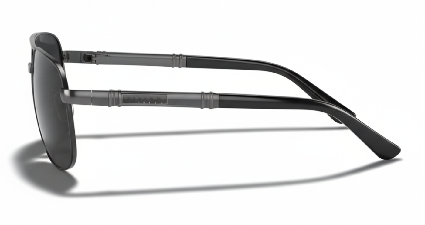 Gallant black gunmetal black frame and black lens aviator uv polarised sunglasses 90º side view
