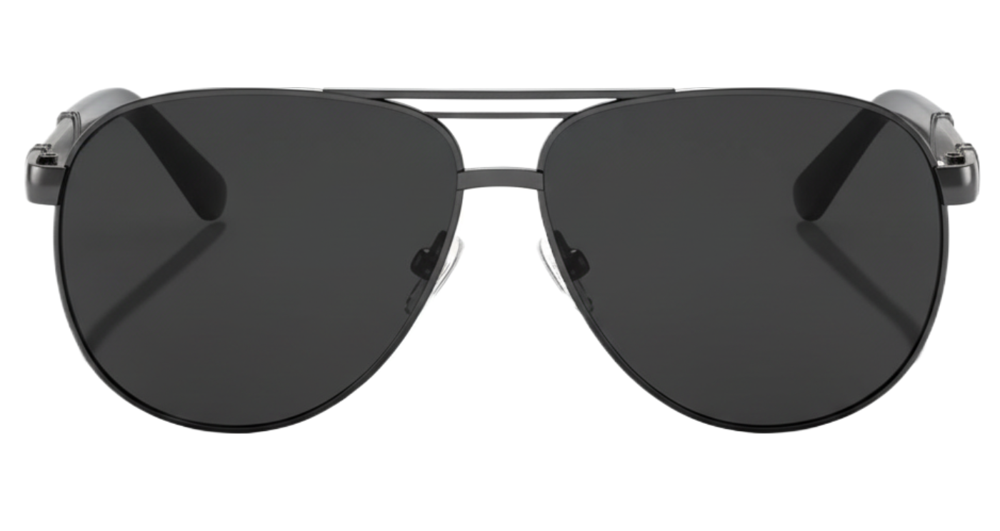 Gallant black gunmetal black frame and black lens aviator uv polarised sunglasses front 0º side view