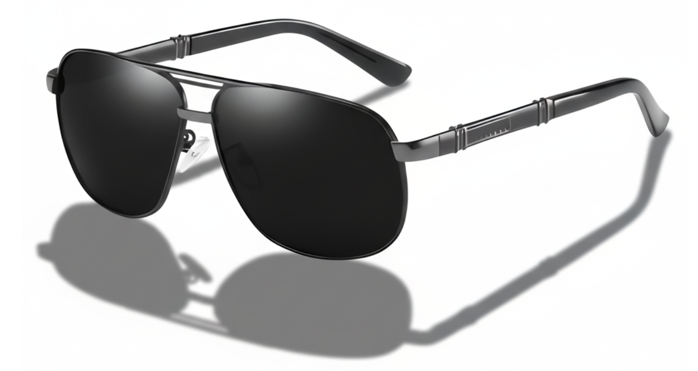Gallant black gunmetal black frame and black lens aviator uv polarised sunglasses front 45º side view