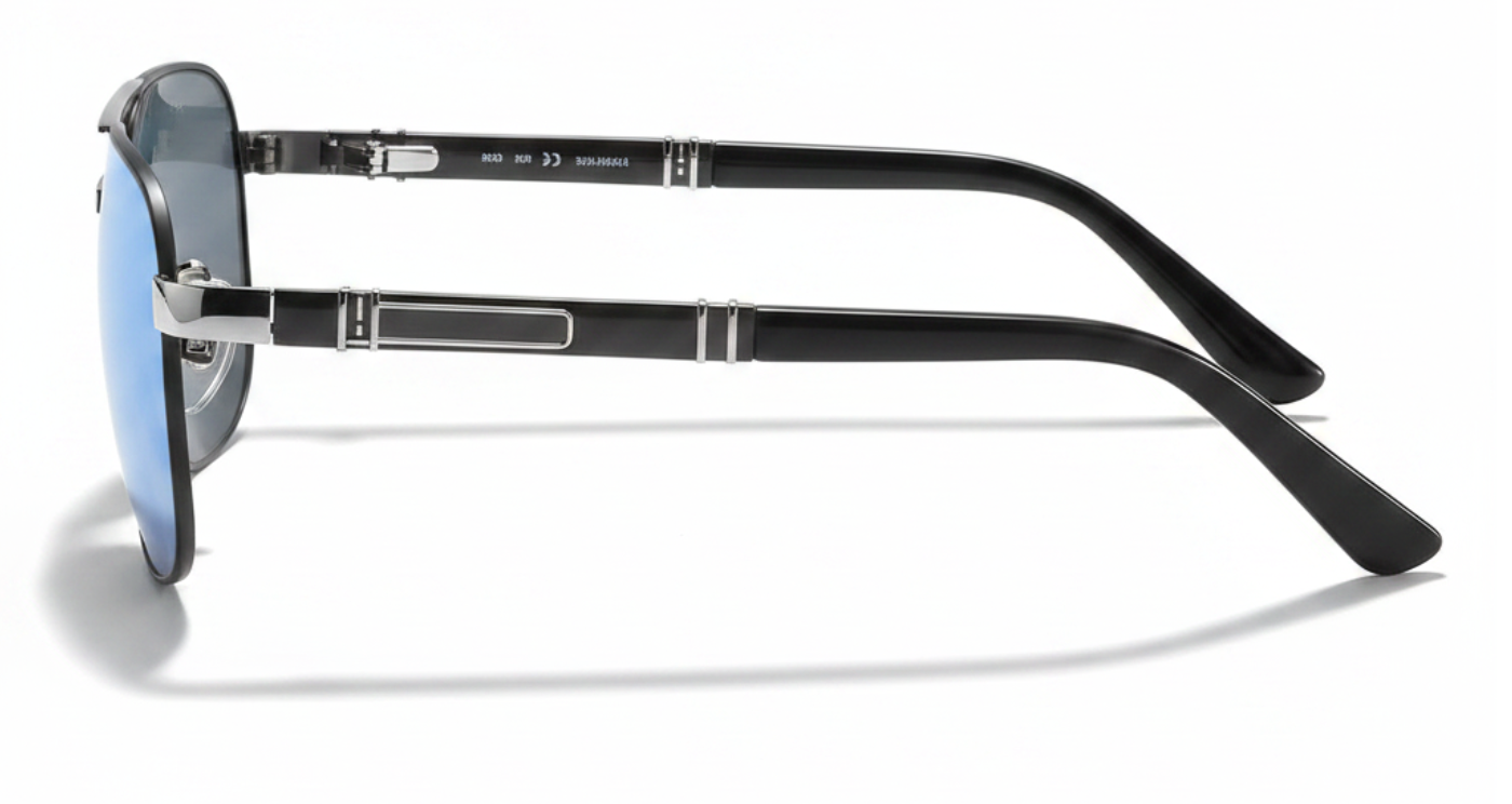 Gallant black silver frame and mirror blue lens aviator uv polarised sunglasses front 90º side view by Missandtrendy