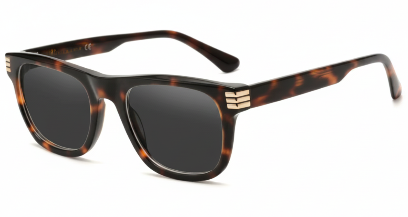 Gemini I Unisex Premium Polarised UV Sunglasses with trtoisshell frame and black lens 4º view.