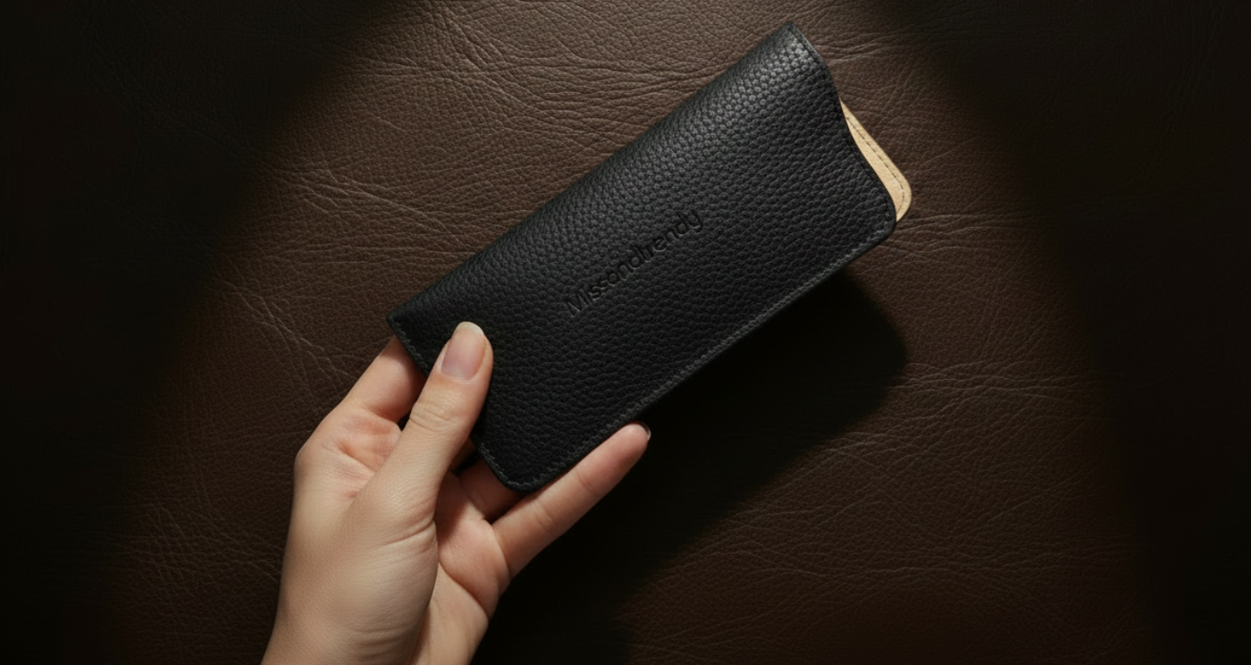 Sunglasses Genuine Leather Sleeve Pouch, Case Holder in  Black with Hand display