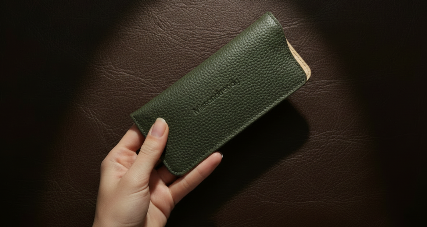 Sunglasses Genuine Leather Sleeve Pouch, Case Holder in  Green with Hand display