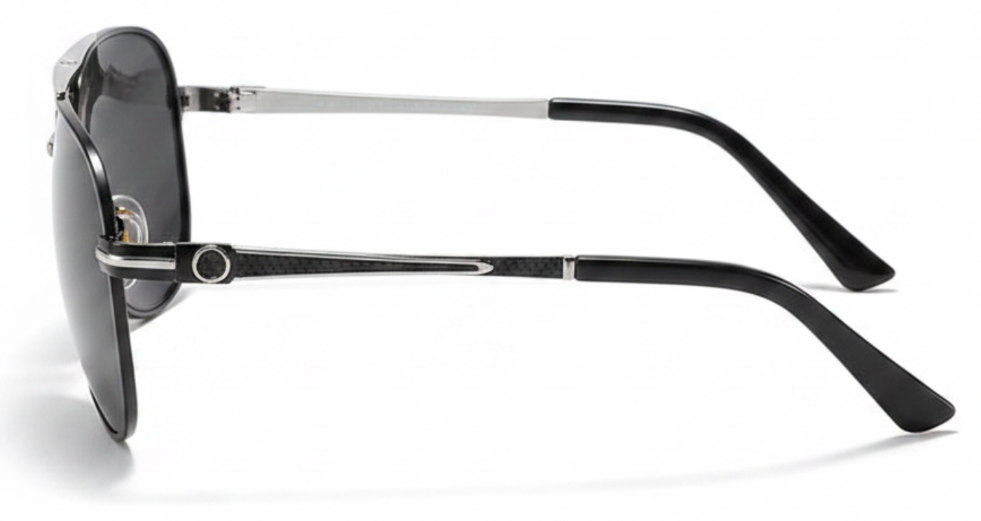 Lancater unisex aviator metal UV 400 Polarised sunglasses with black silver temple and black lens 90º side view