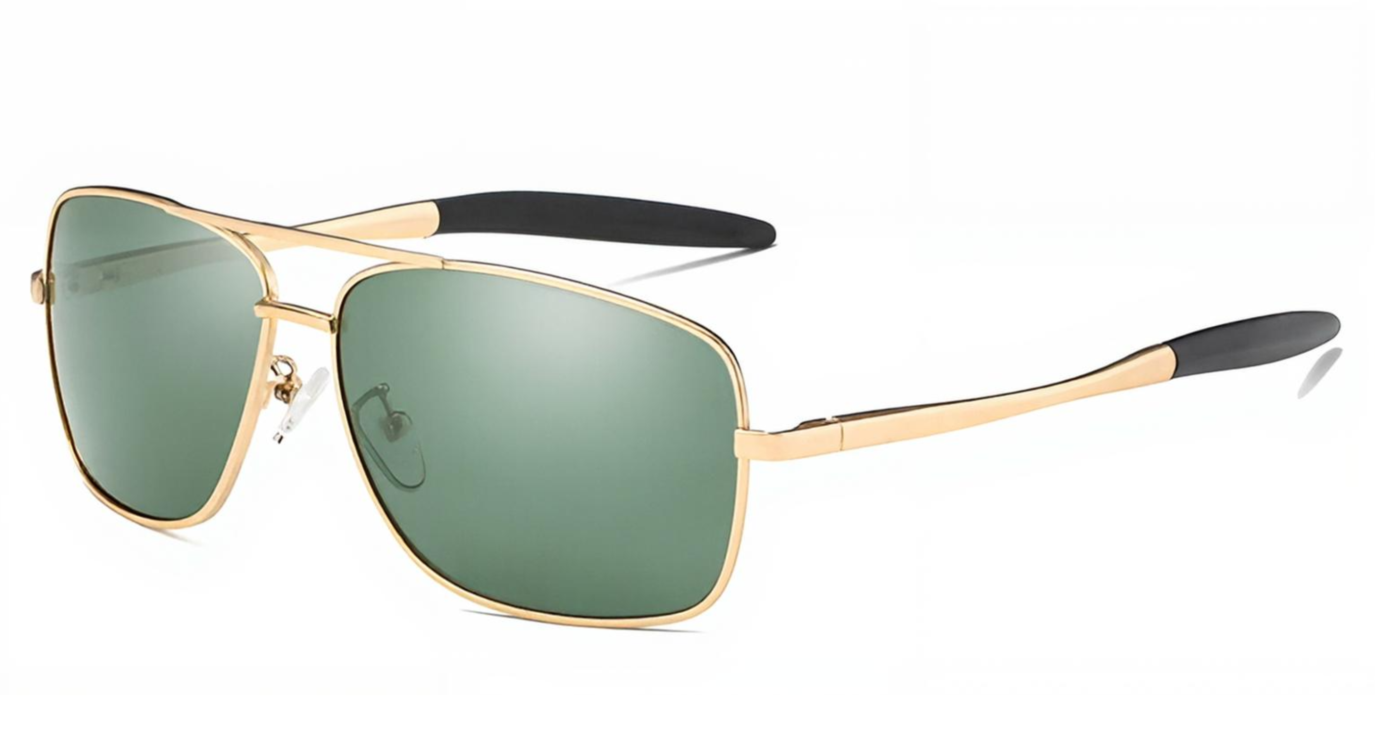 Liverpool - A pair of aviator-style UV 400 polarised sunglasses with a gold metal frame, green-tinted lenses, and black temple tips, shown on a plain white background - Missandtrendy