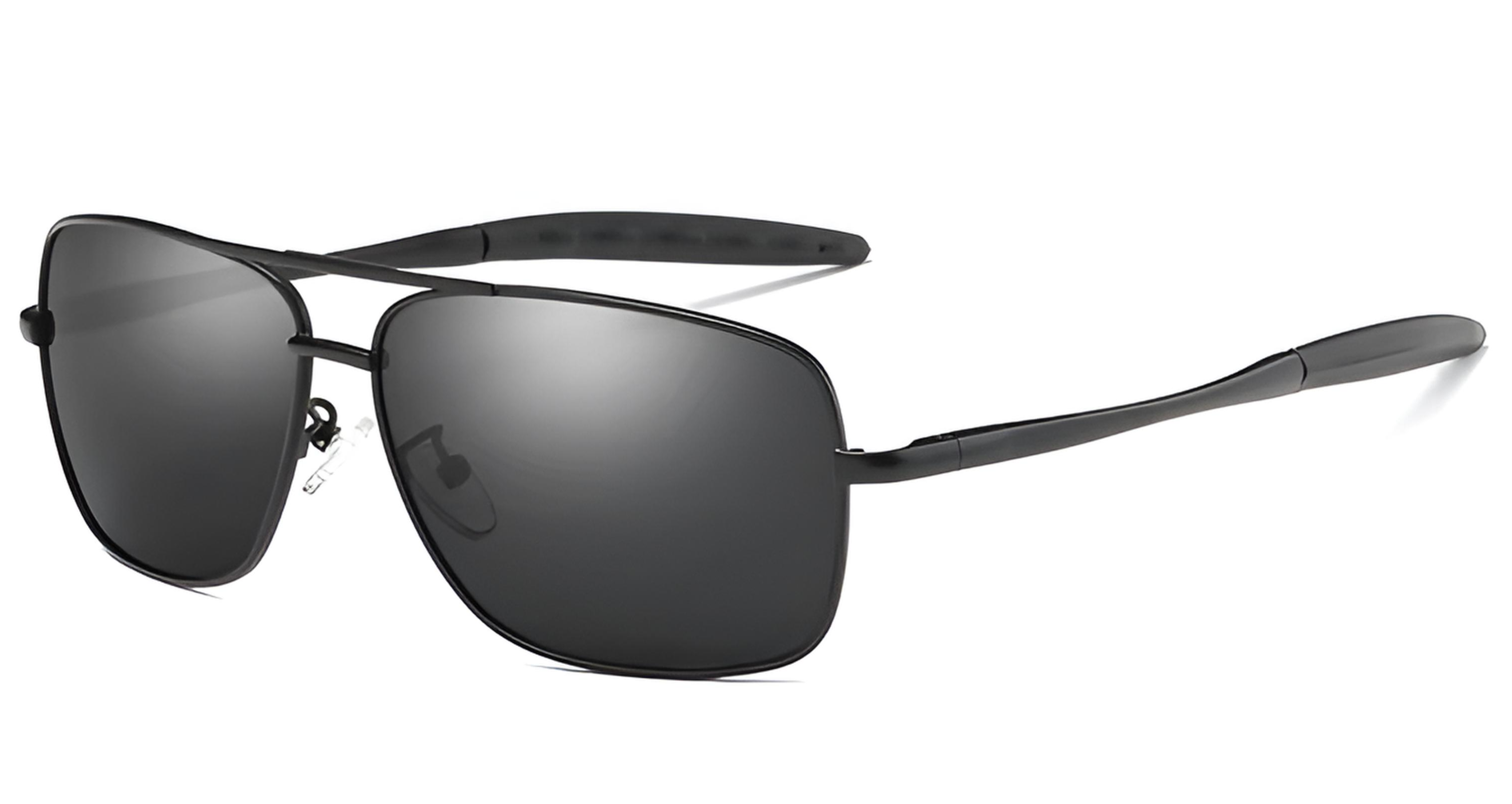 Liverpool - A pair of men's aviator-style UV 400 polarised sunglasses with a matte black metal frame and dark gray lenses, shown at a three-quarter angle on a white background - Missandtrendy