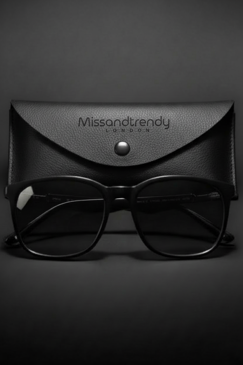 Black on black London style UV Polarised Wayfarer sunglasses and a leather black envelop sunglasses case with Missandtrendy logo printed on a luxurious dark background