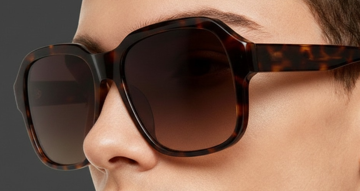 Model wearing London Unisex Premium Polarised UV Sunglasses with brown tortoiseshell and brown lens by Missandtrendy 45º view.