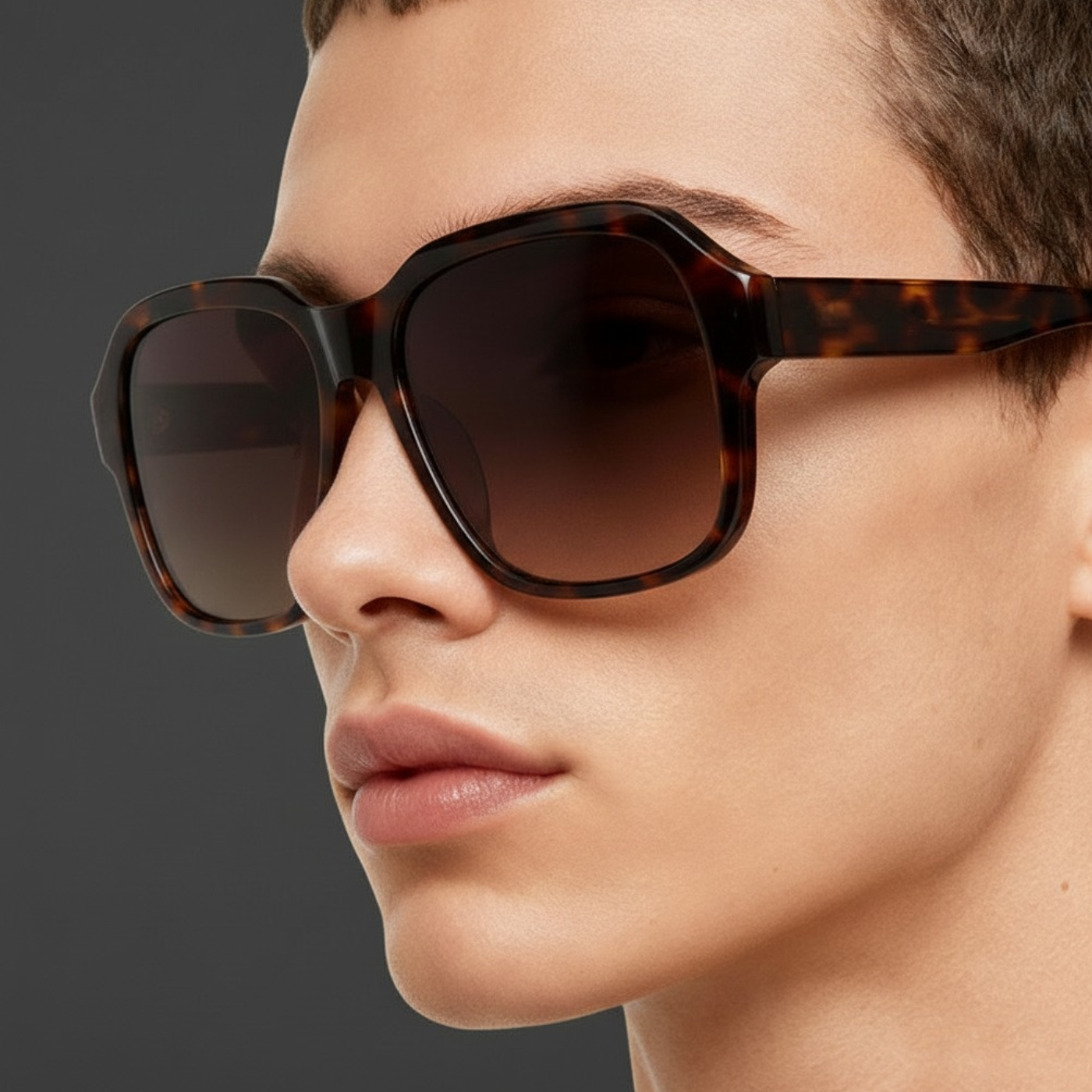 Model wearing London Unisex Premium Polarised UV Sunglasses with brown tortoiseshell and brown lens by Missandtrendy 45º view