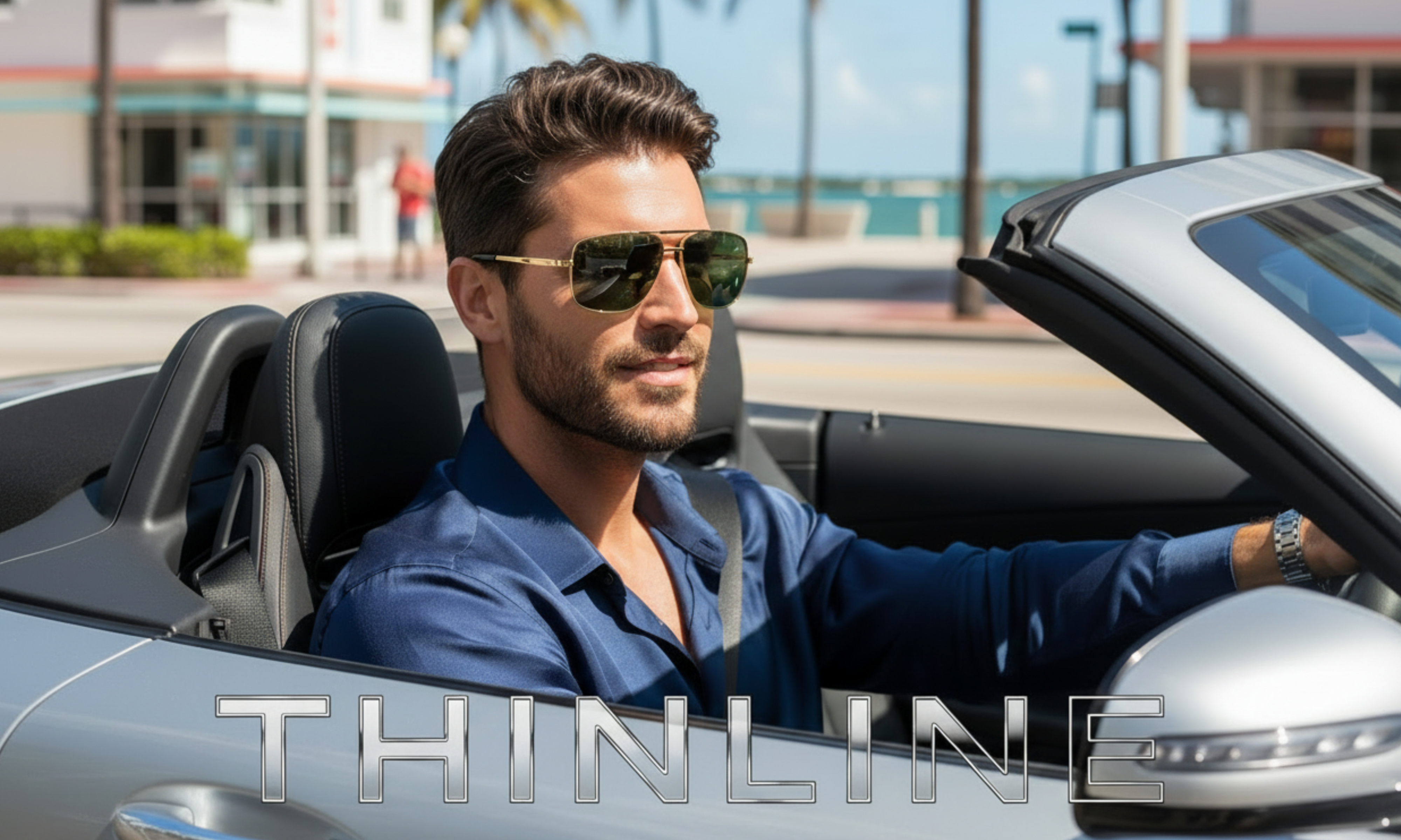 Man driving a sport car and wearing the Thinlline UV polarised driving sunglasses from missandtrendy