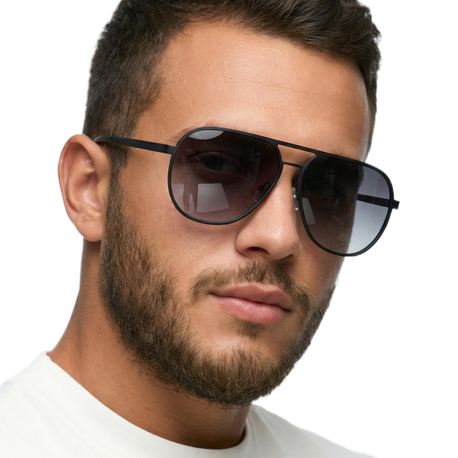 Man wearing Missandtrendy Dire Aviator sunglasses with black frame and black lens 45º side view_1