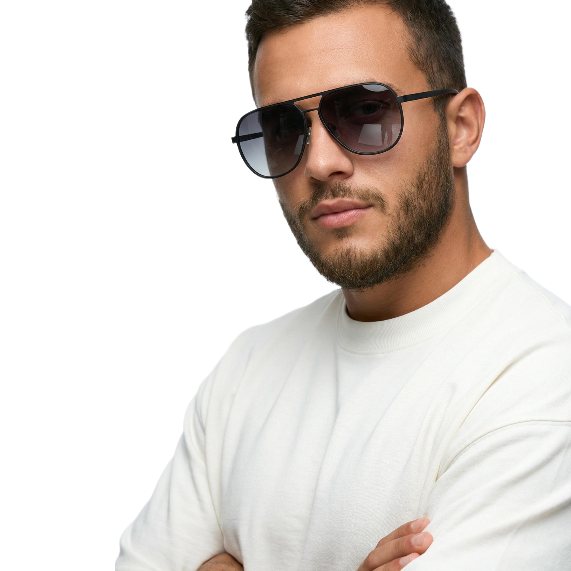 Man wearing Missandtrendy Dire Aviator sunglasses with black frame and black lens 45º side view_2