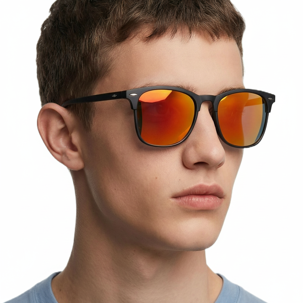 Man wearing Missandtrendy Piccadilly wayfarer sunglasses with black frame and mirror orange lens 45º side view_01