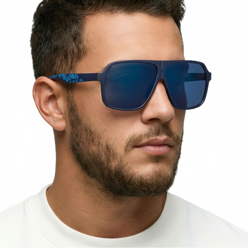 Man wearing Missandtrendy Rocky aviator sunglasses with blue frame and blue lens 45º side view_new_01