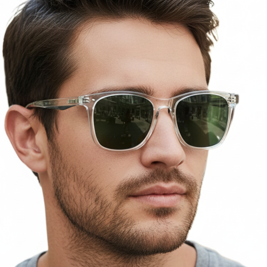 Man wearing Missandtrendy silhouette wayfarer sunglasses with clear transparent frame and green lens 45º side view 02