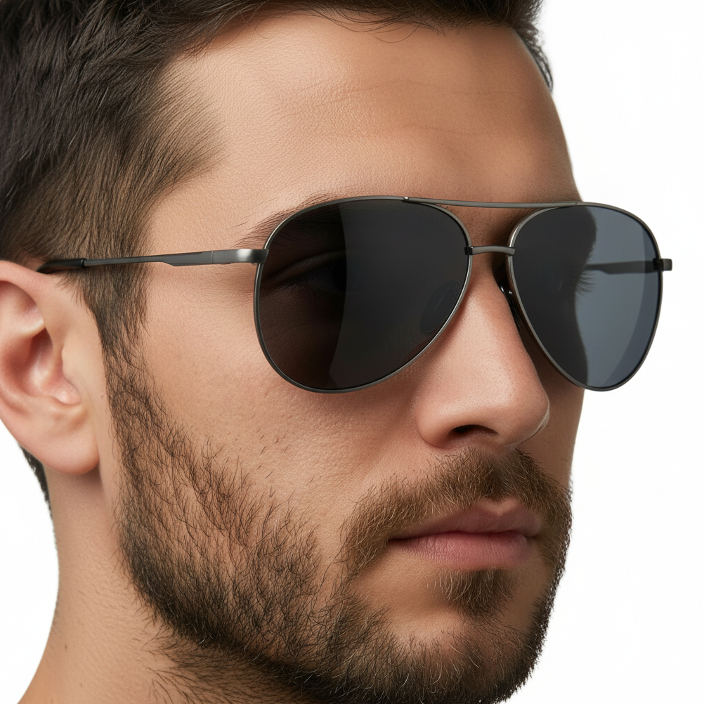 Man wearing Retro Aviator gunmetal metal frame and black lens  sunglasses by Missandtrendy 45º side view teradrop 01