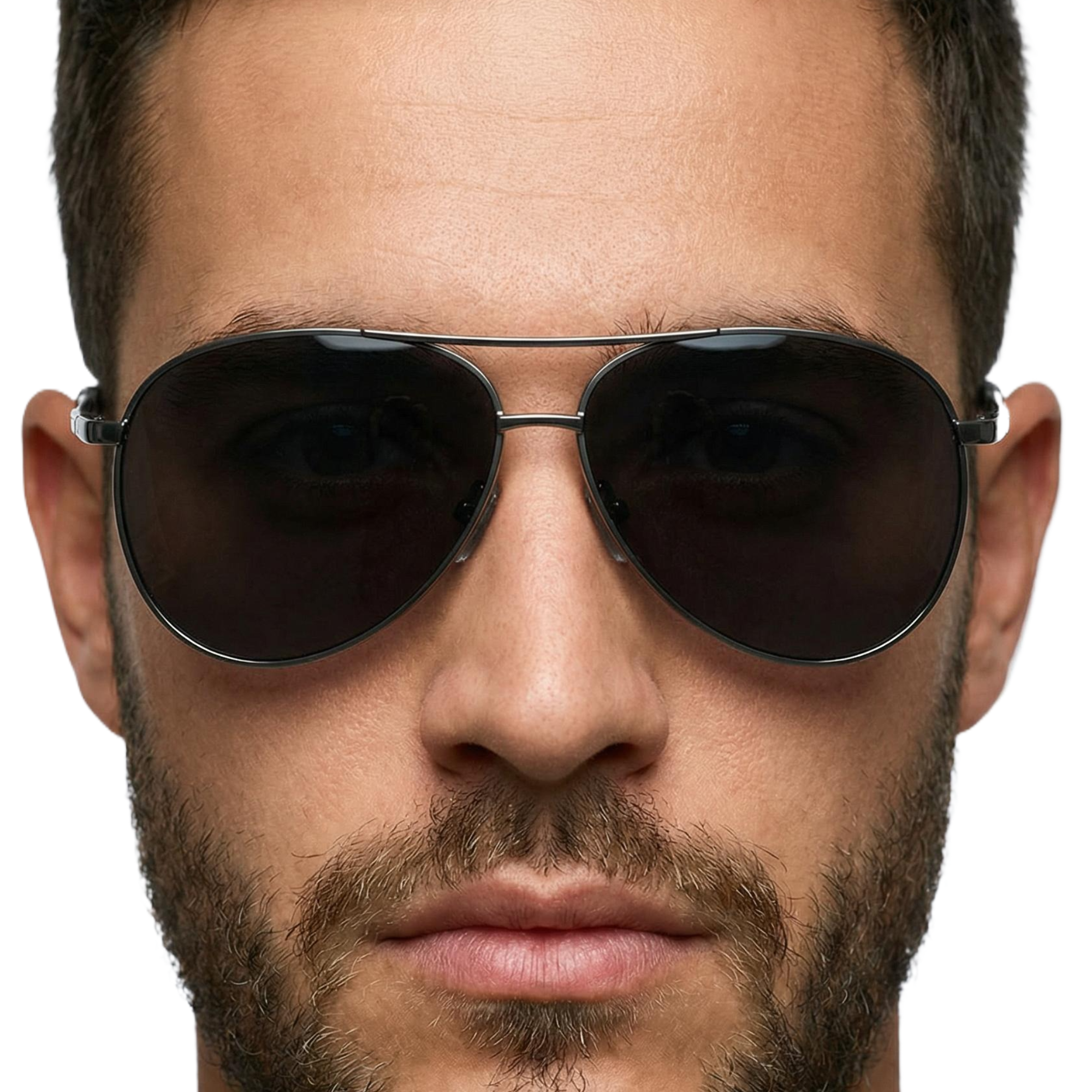 Man wearing Retro Aviator gunmetal metal frame and black lens  sunglasses by Missandtrendy front side view
