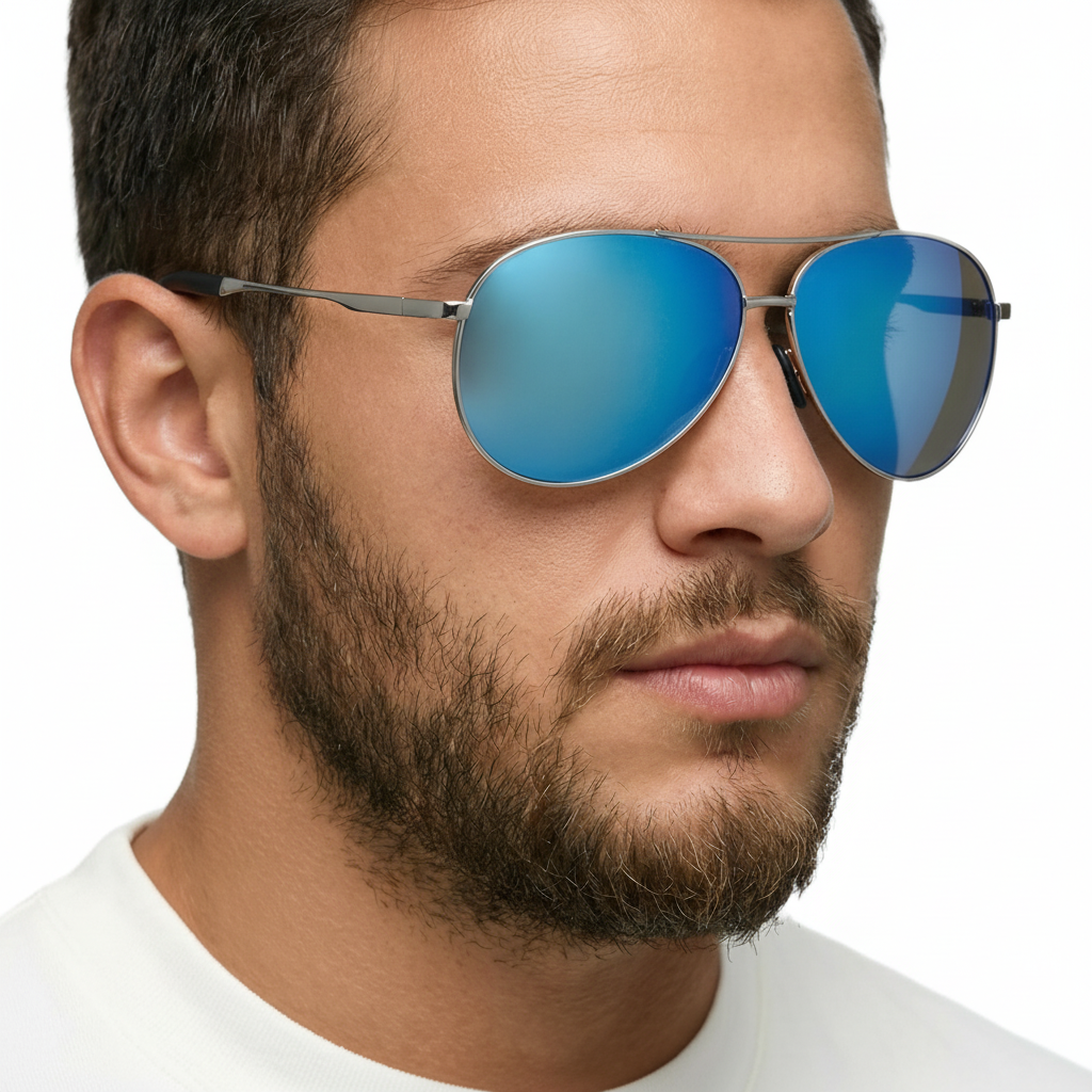 Man wearing Retro Aviator silver metal frame and mirror blue lens  sunglasses by Missandtrendy 45º side view_teardrop_01