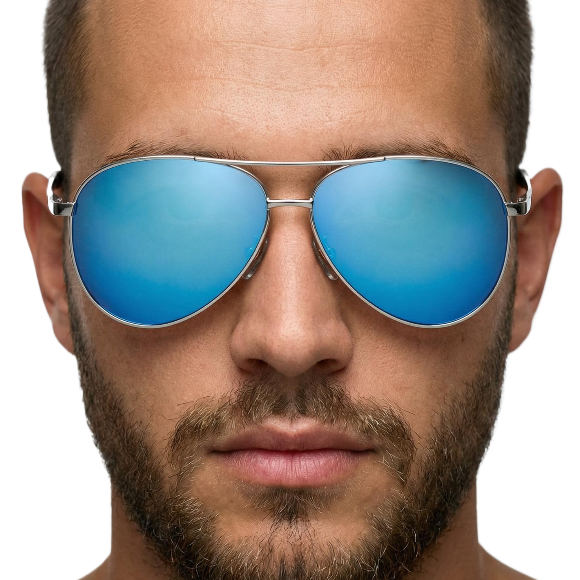 Man wearing Retro Aviator silver metal frame and mirror blue lens  sunglasses by Missandtrendy front side view_teardrop