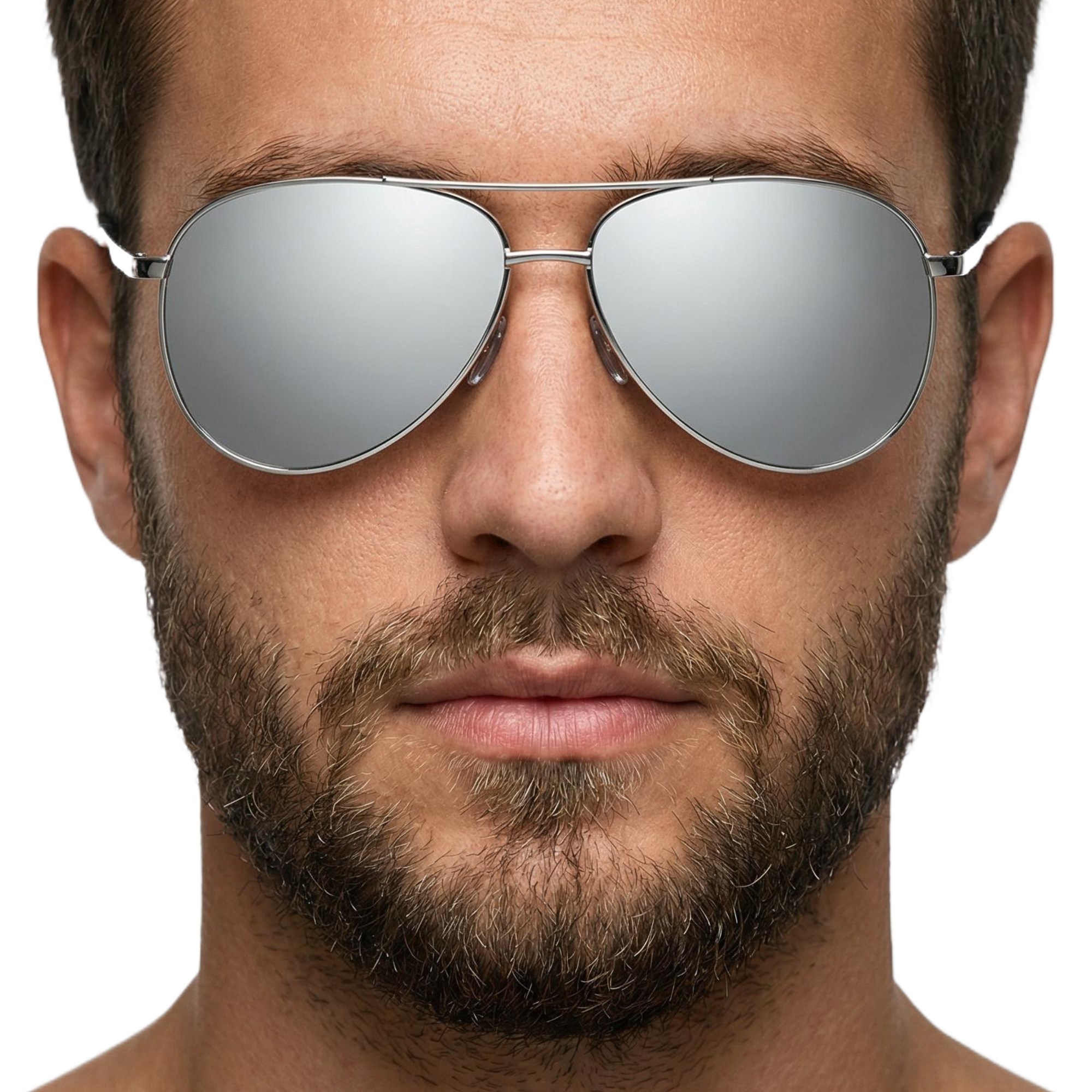 Man wearing Retro Aviator silver metal frame and mirror grey lens  sunglasses by Missandtrendy front side view_teardrop