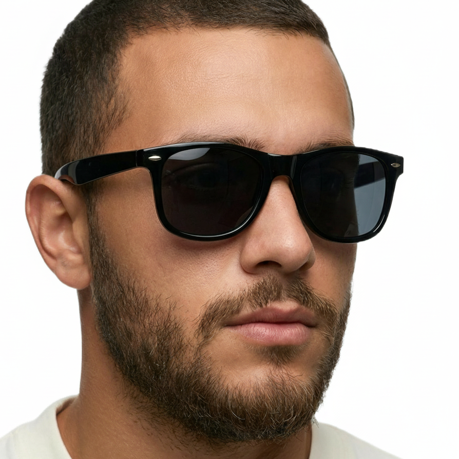 Man_wearing_Sunshine_black_frame_and_black_lens_wayfarer_sunglasses_by_Missandtrendy_front_side_view_02