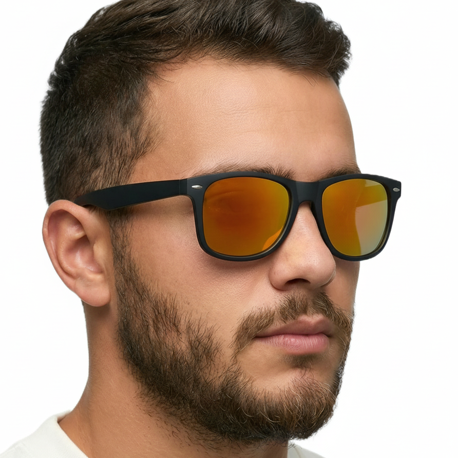 Man_wearing_Sunshine_black_frame_and_mirror_yellow_lens_wayfarer_sunglasses_by_Missandtrendy_front_side_view_02