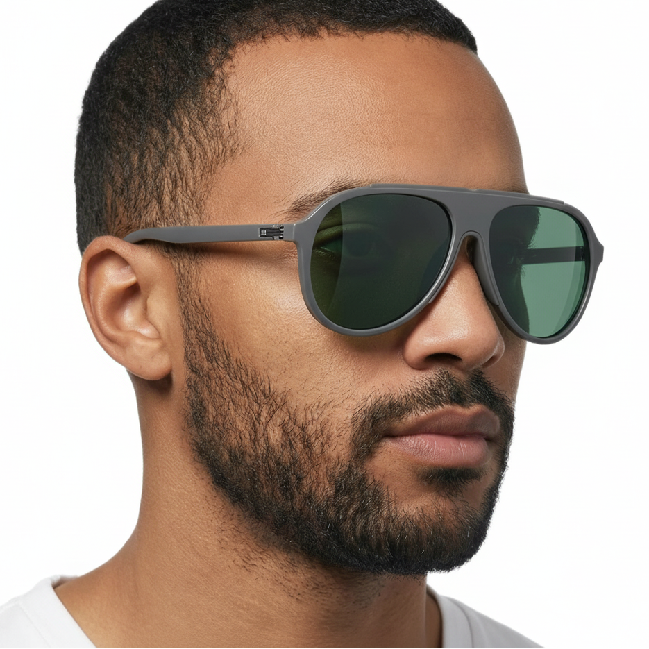 Man wearing brando grey frame and green lens aviator sunglasses by Missandtrendy 45º side view_1