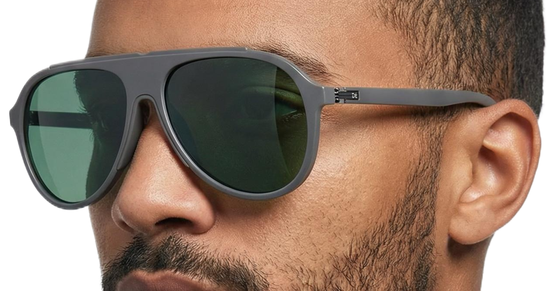 Man wearing brando grey frame and green lens aviator sunglasses by Missandtrendy 45º side view_main
