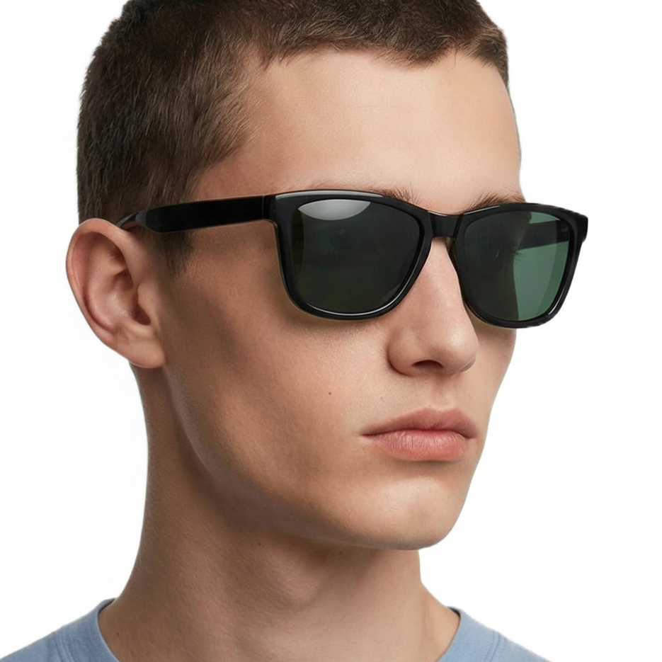 Man wearing camden black frame and green lens wayfarer sunglasses by Missandtrendy 45º side view_new_1