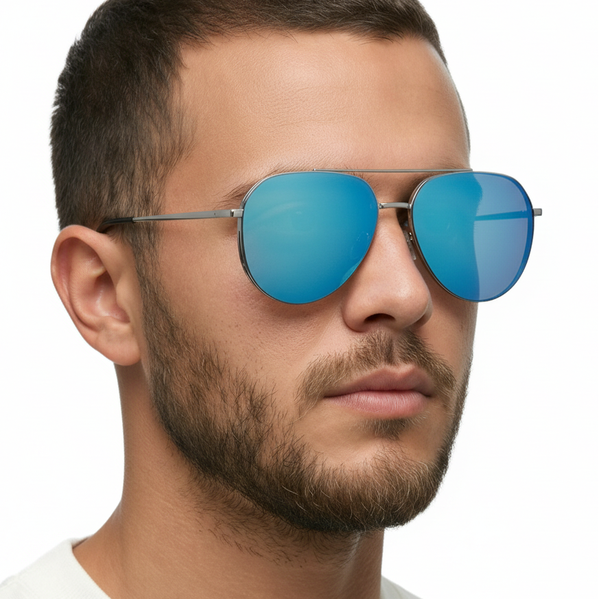 Man wearing future silver frame and mirror blue lens aviator polarised UV400 sunglasses by Missandtrendy 45º side view_01