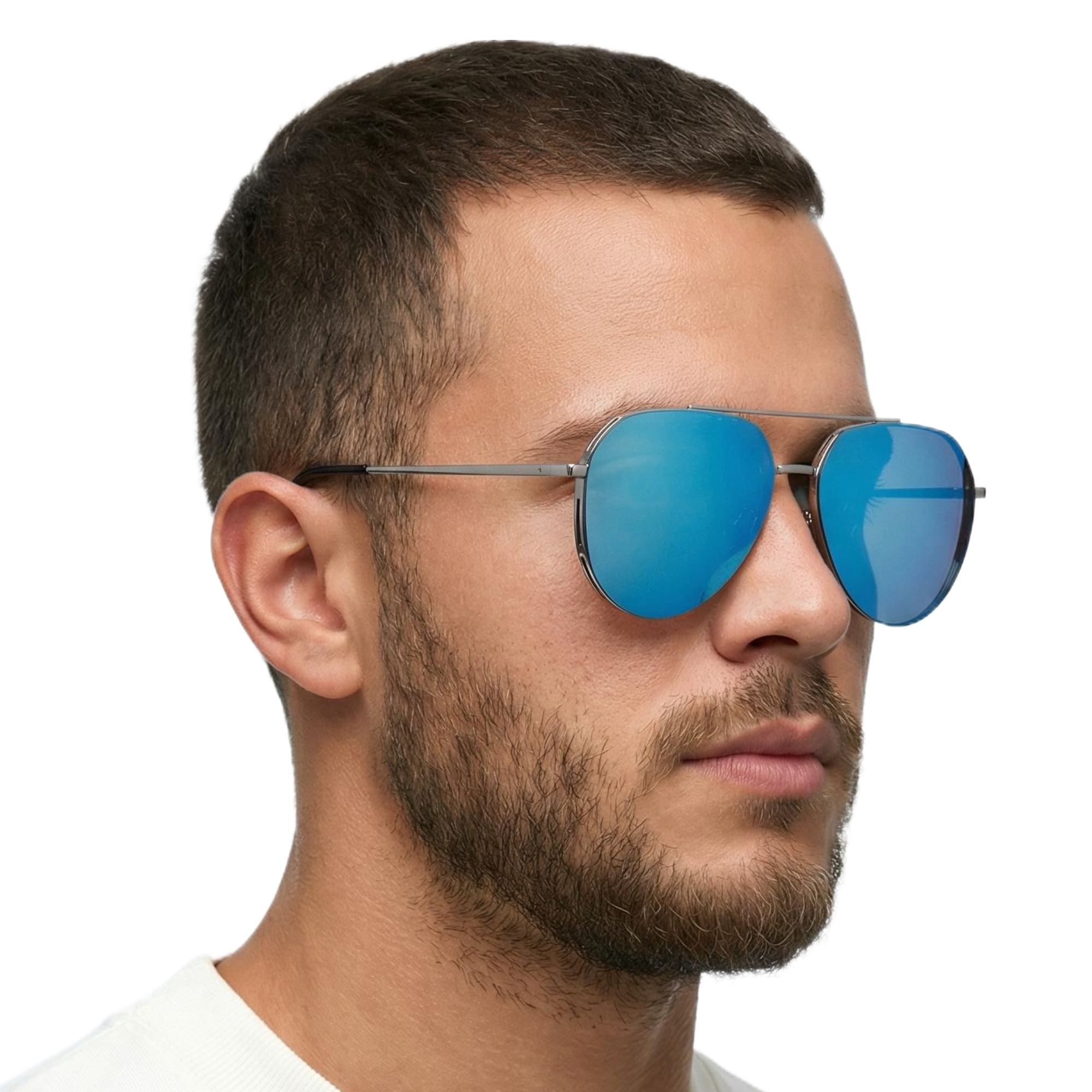 Male wearing blue reflective teardrop aviator mirror blue UV polarised sunglasses with a neutral background by Missandtrendy