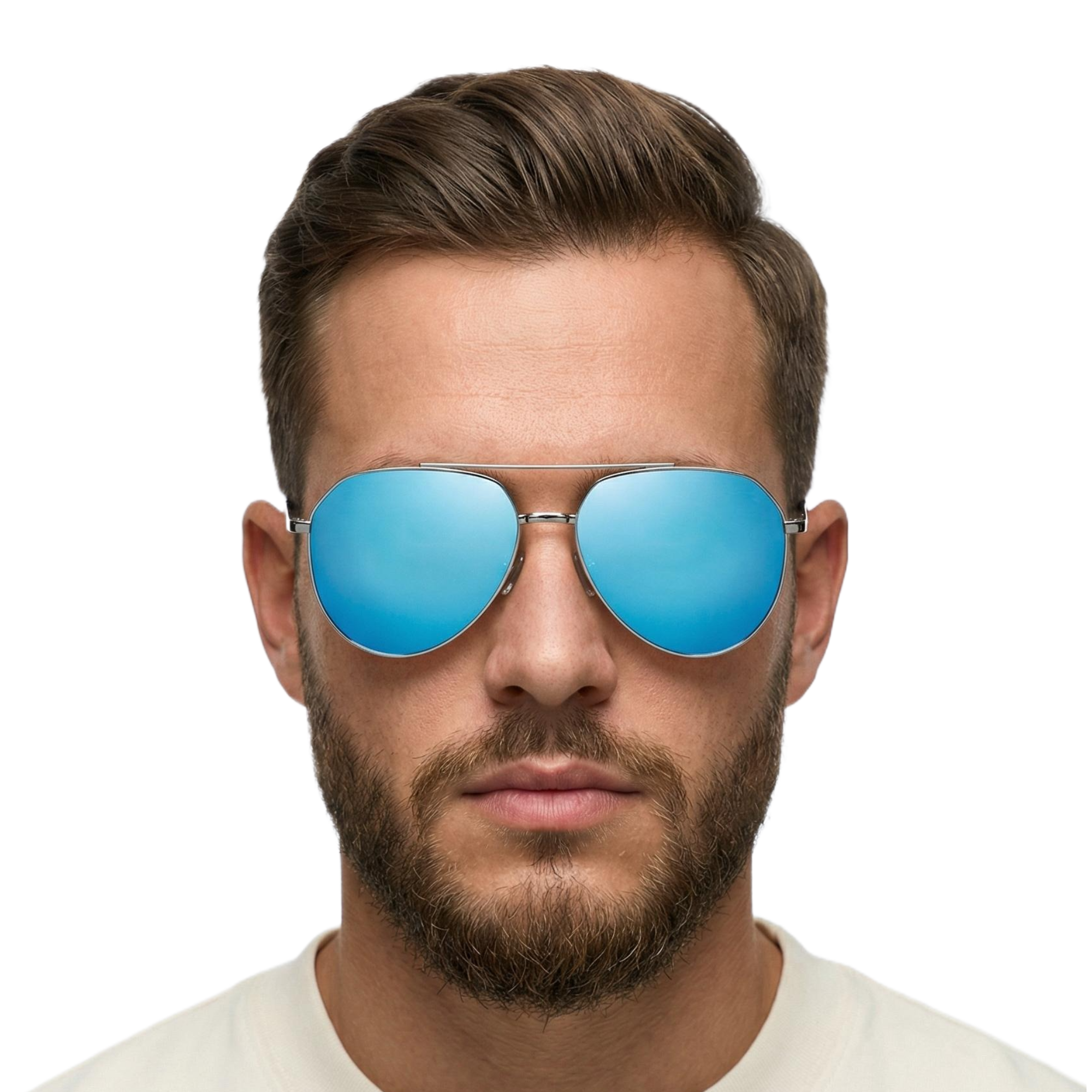 Man wearing future silver frame and mirror blue lens aviator polarised UV400 sunglasses by Missandtrendy front side view main_01